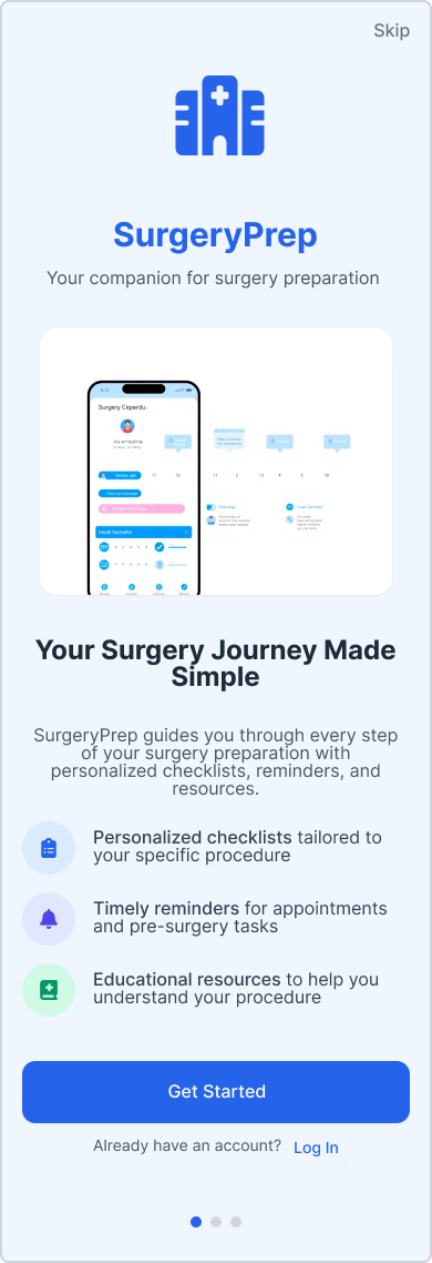 Onboarding screen showing SurgeryPrep introduction with personalised checklists and resources