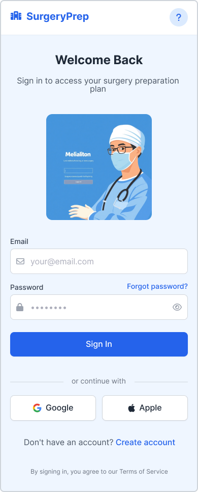 Sign in screen with email, password, and social login options
