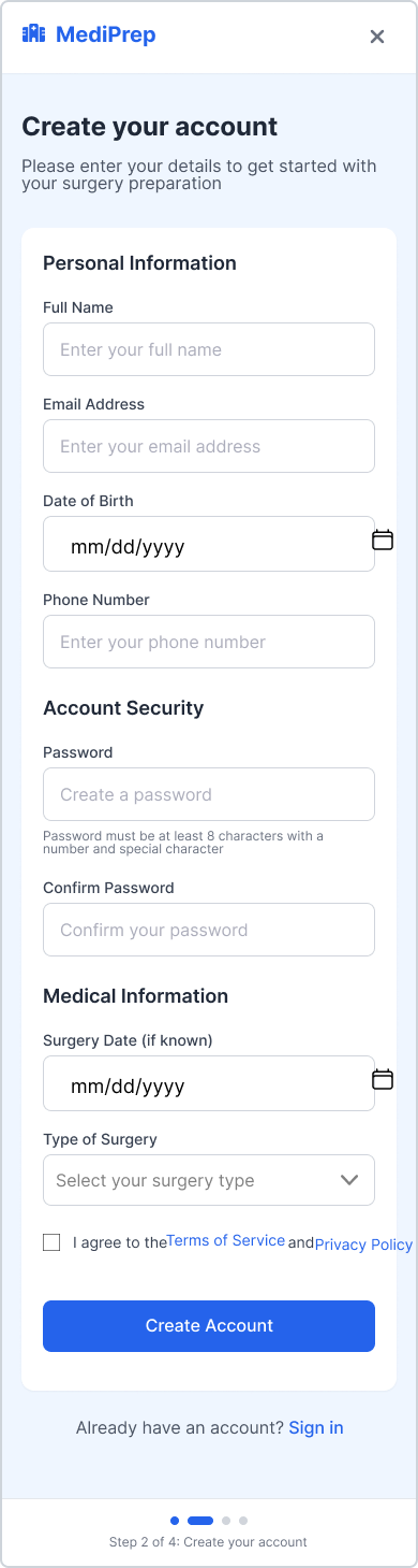 Create account screen with personal information, account security, and medical information fields