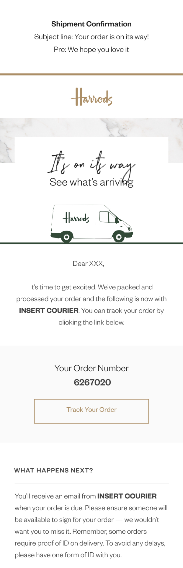Harrods shipment confirmation email