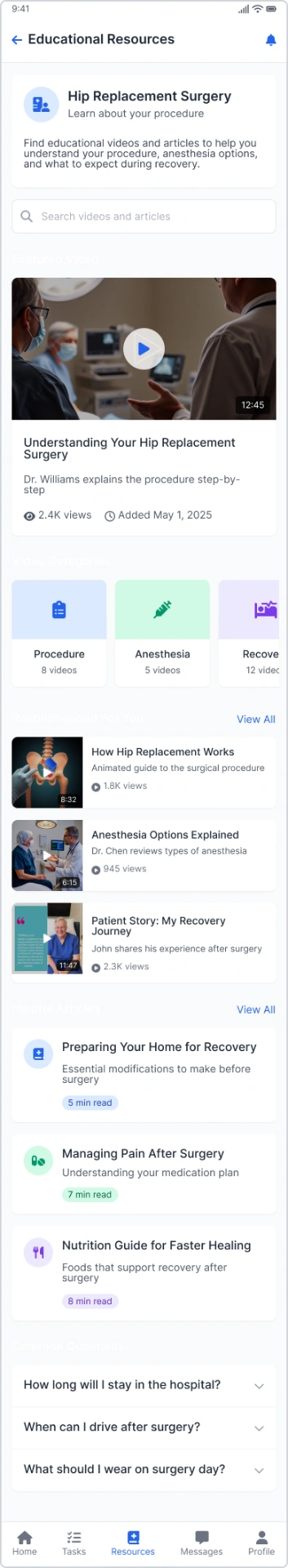 Educational Resources screen with videos and articles about hip replacement surgery