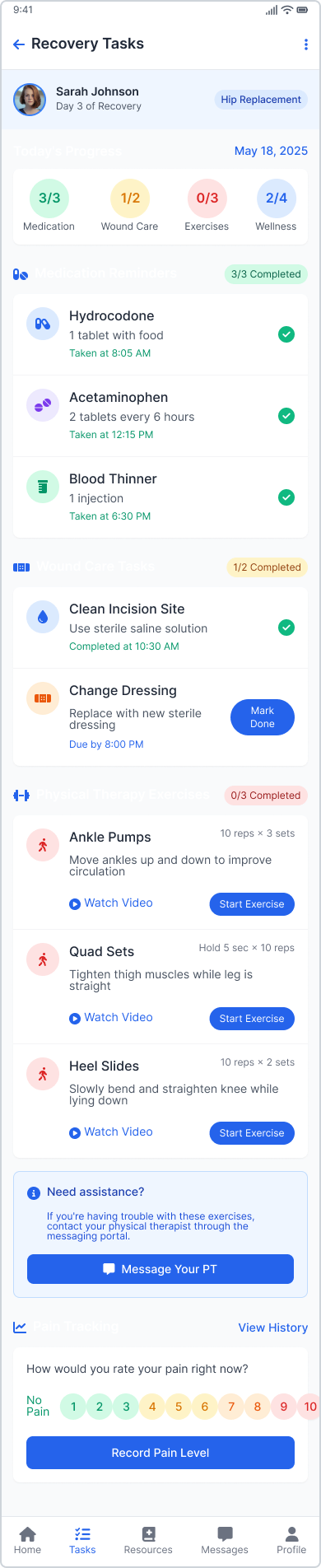 Recovery Tasks screen showing medication tracking, wound care, exercises, and wellness goals