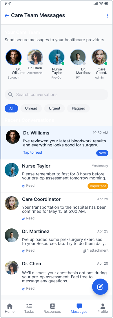Care Team Messages screen for secure communication with healthcare providers