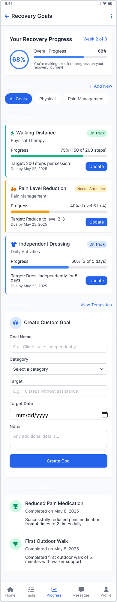 Recovery Goals screen with progress tracking and goal management