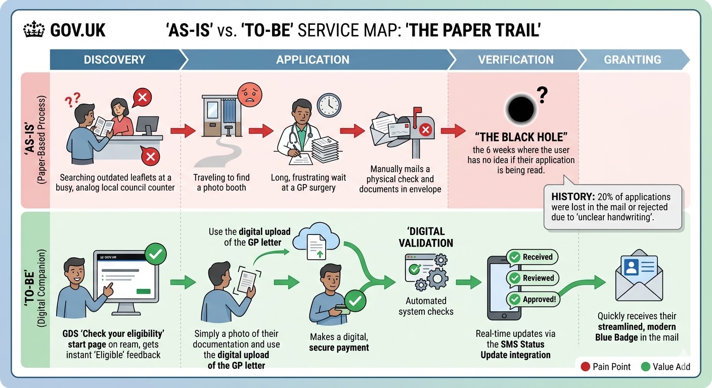 As-Is vs To-Be service map: The Paper Trail — Discovery, Application, Verification, Granting stages showing pain points in the paper process versus value adds in the digital companion