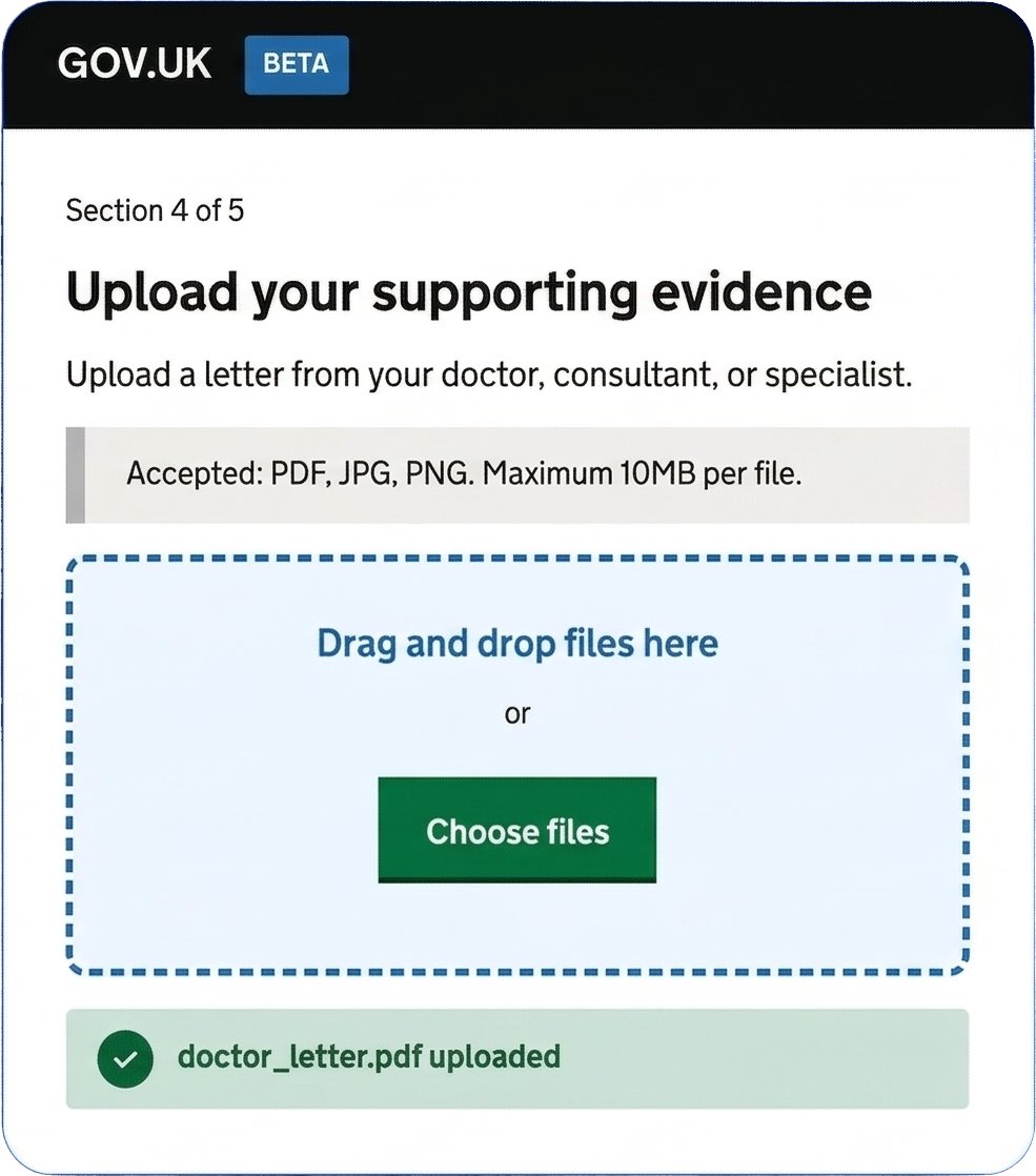 Hi-fi Screen 2: Evidence upload — dual input method, 44px+ targets, success confirmation