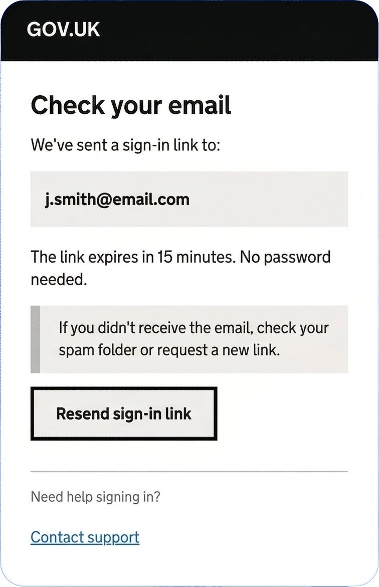 Hi-fi Screen 3: Magic-link email confirmation — passwordless, no cognitive function test