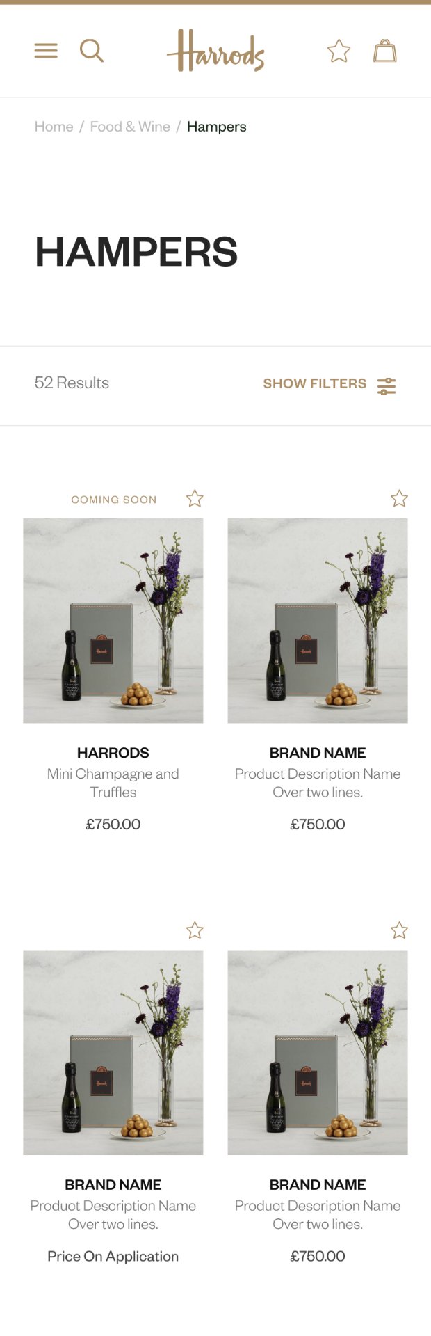 Harrods Hampers product listing with Coming Soon labels