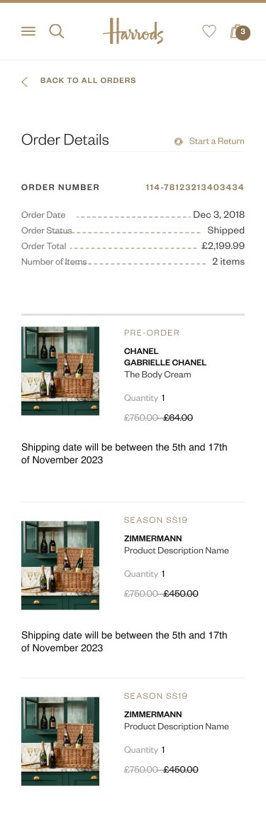 Harrods Order Details page
