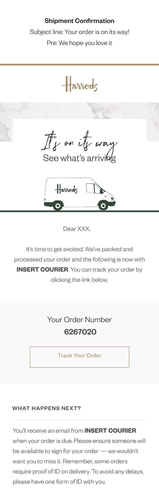 Harrods Shipment Confirmation email — It's on its way