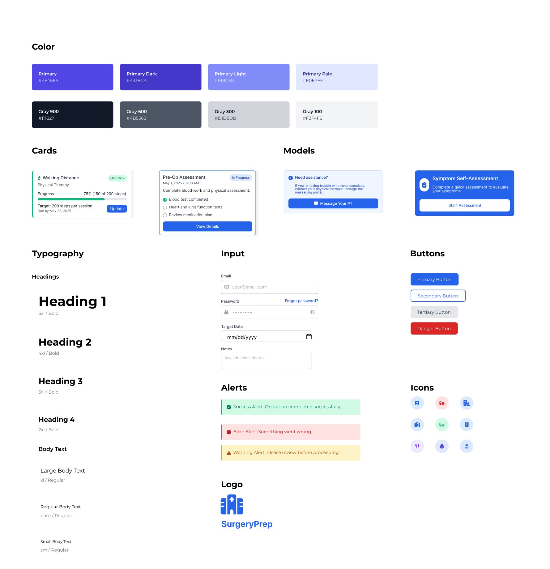 SurgeryPrep design system — colour palette, typography, components, icons and alert states